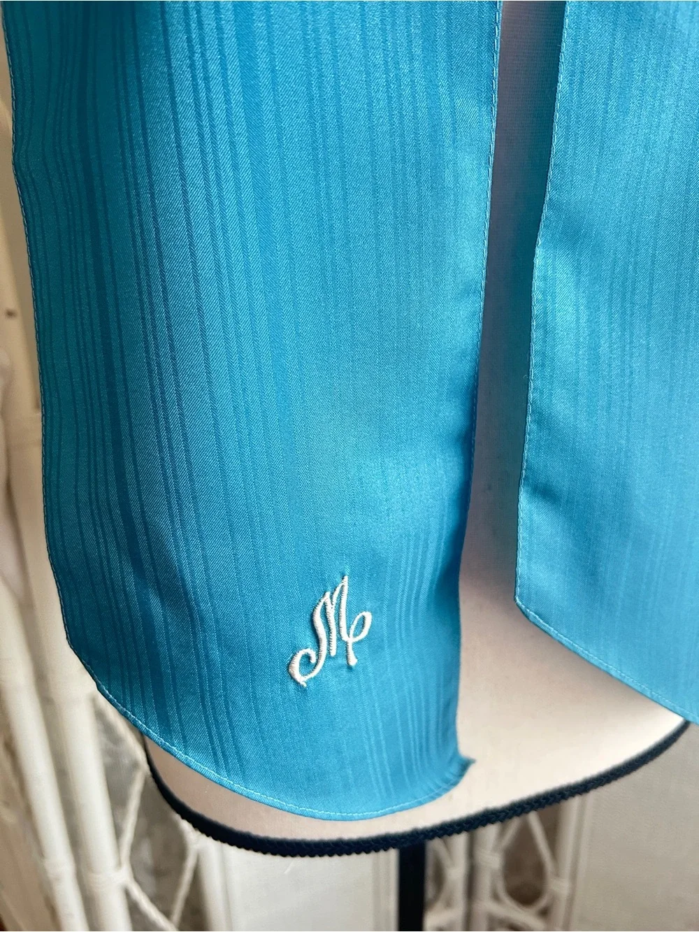 Vintage Teal Blue Green Scarf Monogram M 1970s Career Wear
